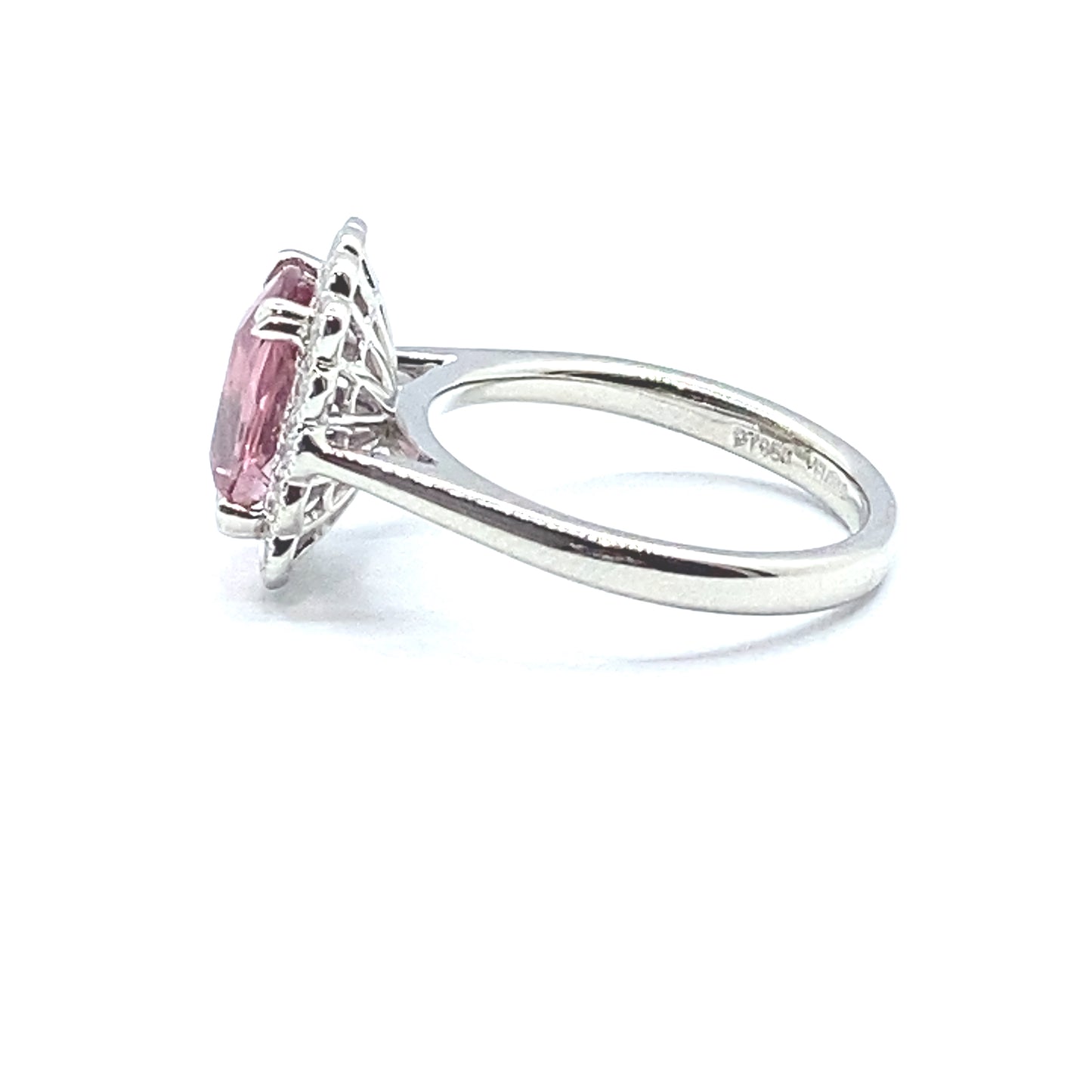 Cushion Cut Pink Tourmaline Scallop Set Diamond Halo Platinum Ring