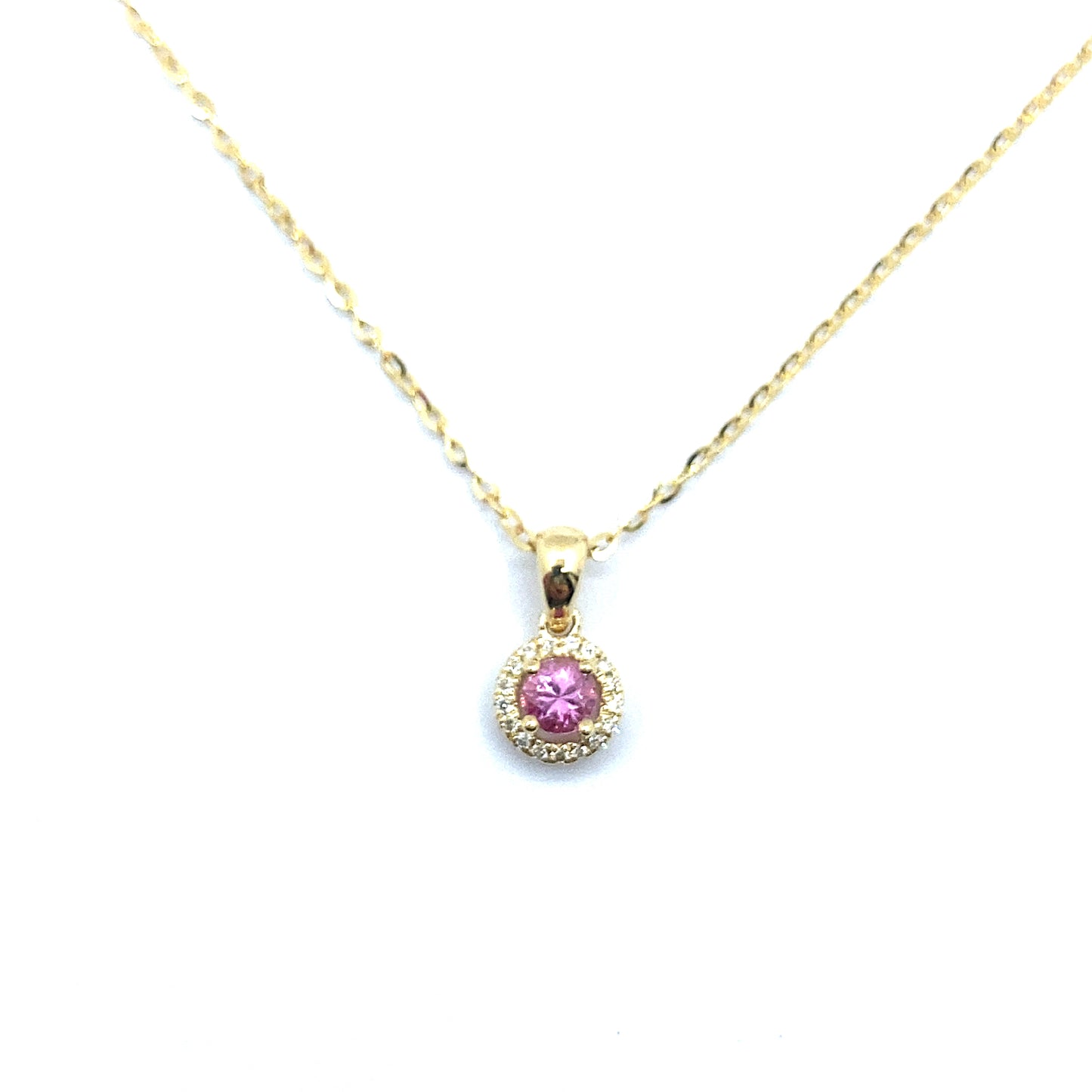 Pink Sapphire, Round Brilliant Diamond Halo Pendant