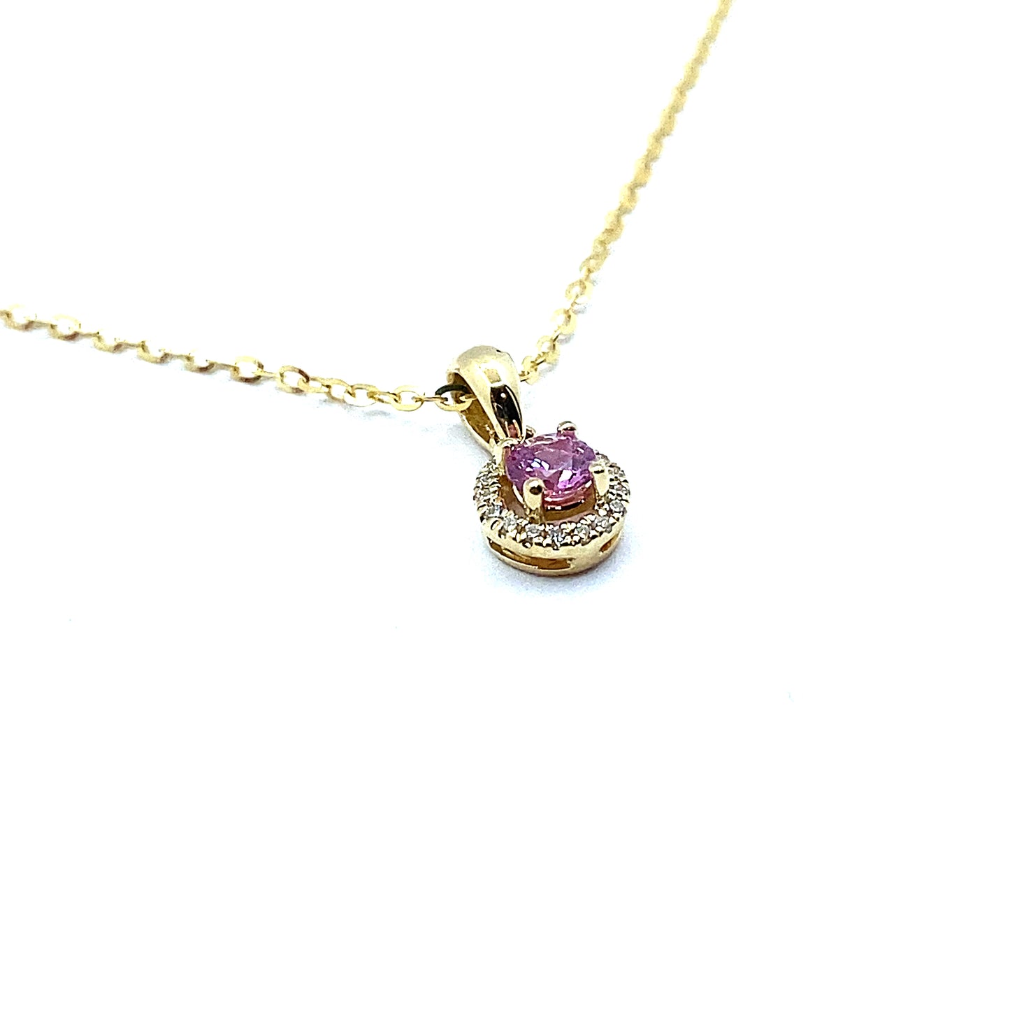 Pink Sapphire, Round Brilliant Diamond Halo Pendant