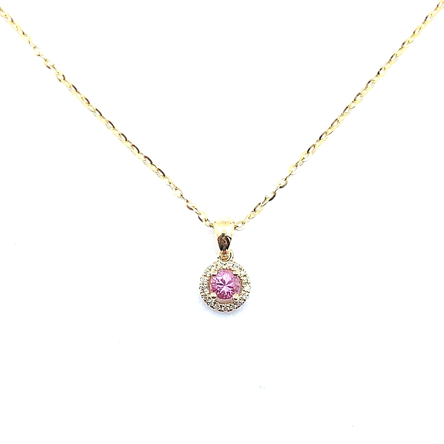 Pink Sapphire, Round Brilliant Diamond Halo Pendant