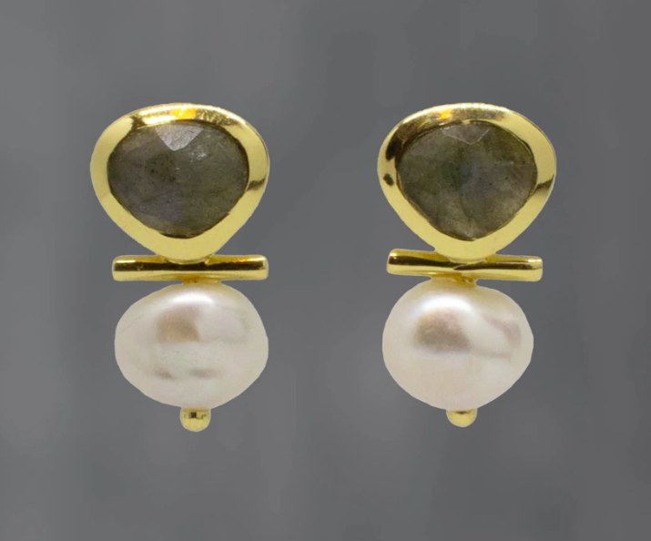 18ct Gold Vermeil Pearl and Labradorite Bar Stud Earrings