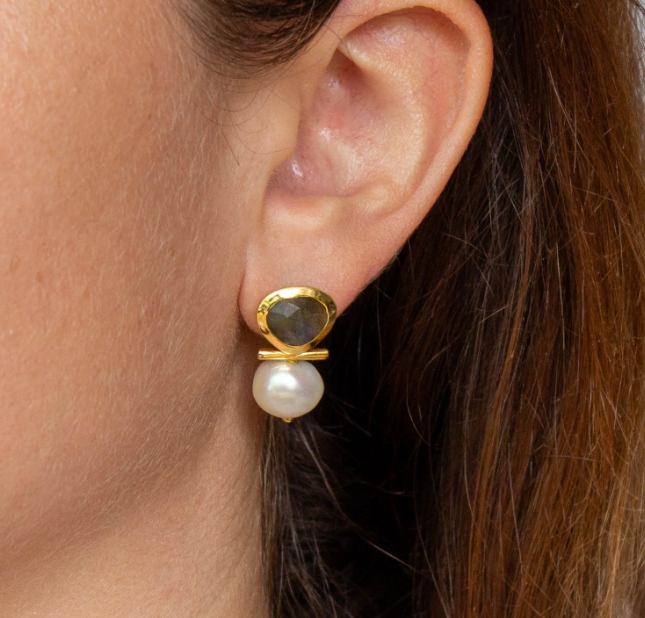 18ct Gold Vermeil Pearl and Labradorite Bar Stud Earrings