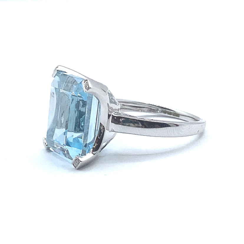 Emerald Cut Blue Topaz and Diamond, 9ct White Gold Cocktail Ring