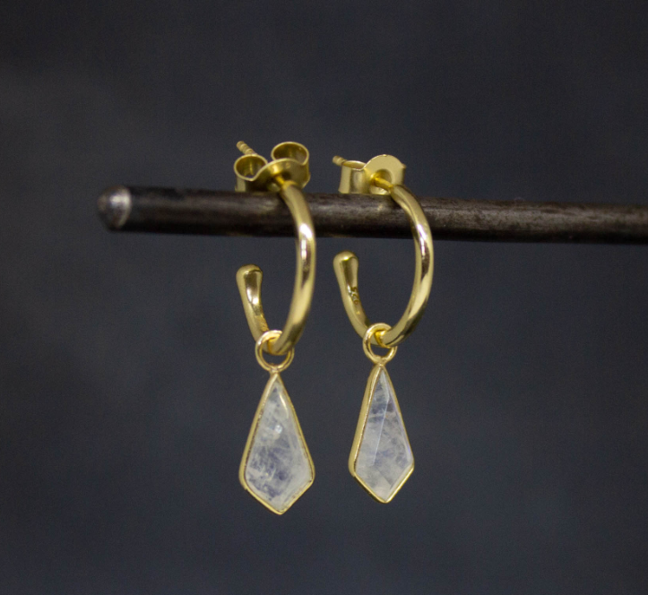 18ct Gold Vermeil Kite Shape Rainbow Moonstone Drop Earrings