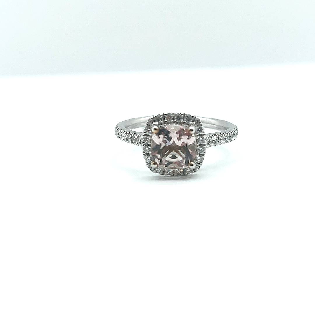 Cushion Cut Morganite Centre with Diamond Halo Ring set in Platinum