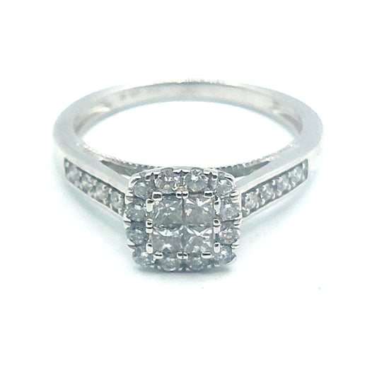 9ct White Gold Engagement Ring, cluster of 4 princess cut diamonds set in a cushion shaped halo , pave set and filigree