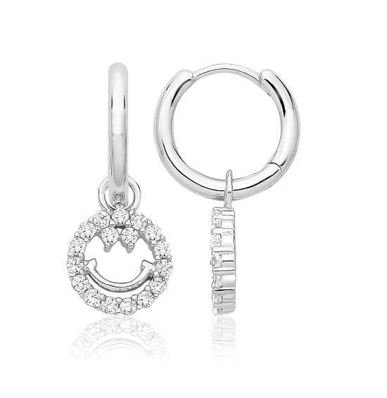 Silver Rhodium Plated CZ Set Smiley Face Earrings