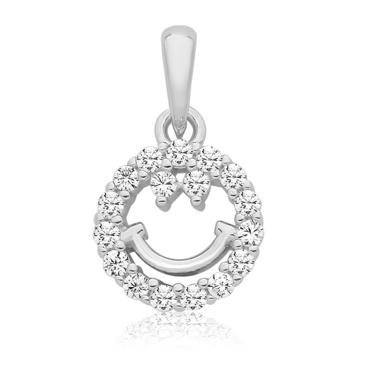 Silver, Rhodium Plated CZ Set Smiley Face Pendant