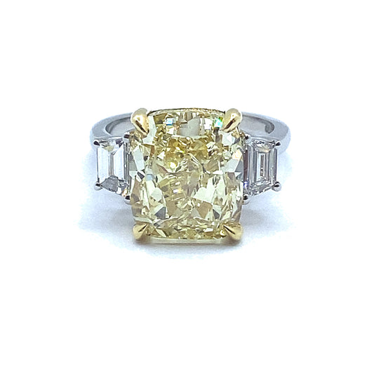7.54ct Yellow Cushion Cut Diamond with Trapeze Cut Diamond Side Stone Ring