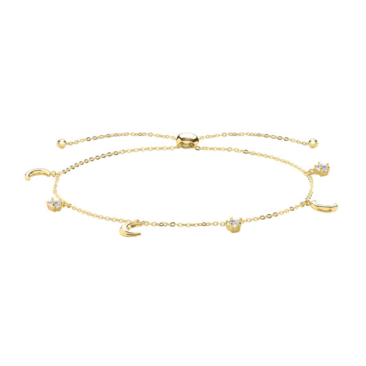 9ct Yellow Gold, Adjustable Pull Style Bracelet with Crescent Moon & Star Charms