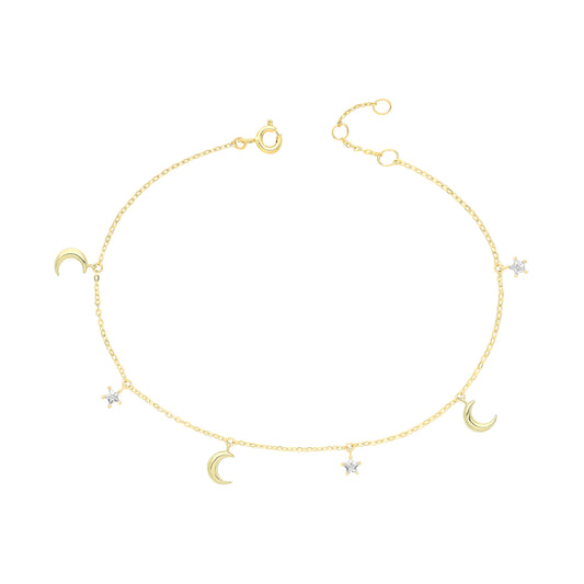 9ct Yellow Gold, Cubic Zirconia star and moon chain bracelet