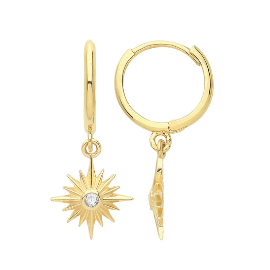 9ct Yellow Gold Cubic Zirconia Starburst Drop Hinged Earrings