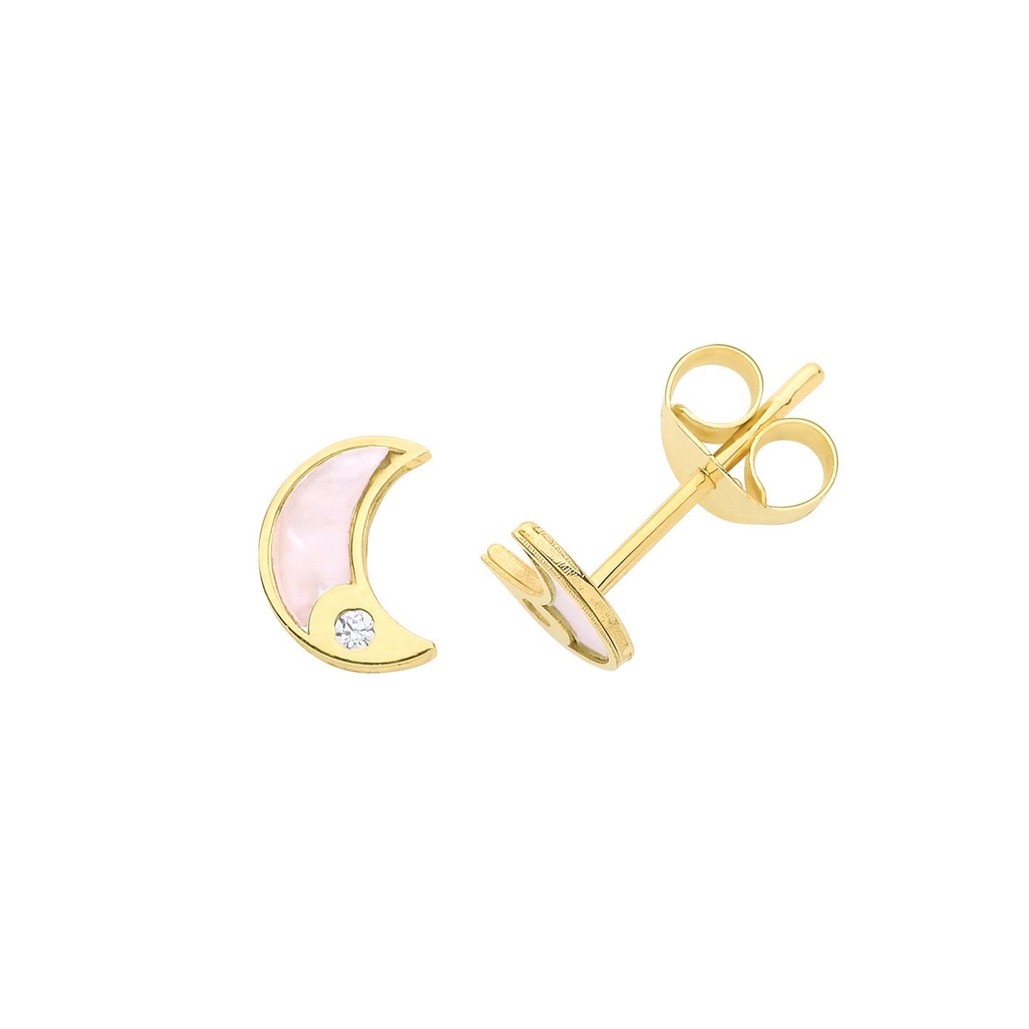 9ct Yellow Gold Cubic Zirconia & Mother of Pearl moon stud earrings