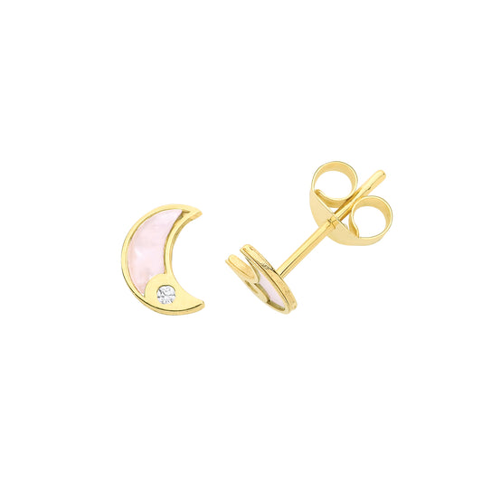 9ct Yellow Gold Cubic Zirconia & Mother of Pearl moon stud earrings