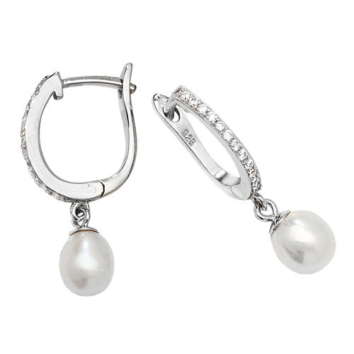 Silver and Pearl Clip Back, Cubic Zirconia Hoop Earrings